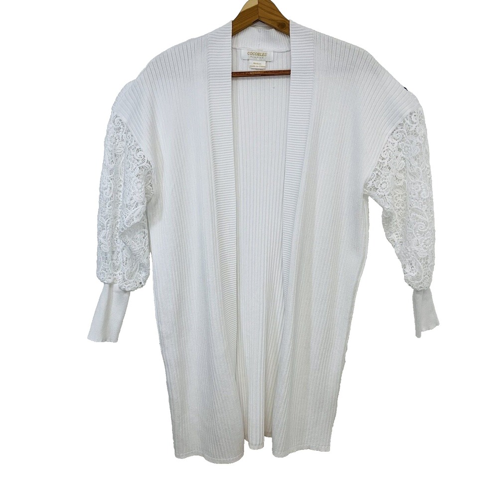 Coco Bleu Open Puff Sleeve White Rib Knit Cardigan Medium Crochet Knit Stretch